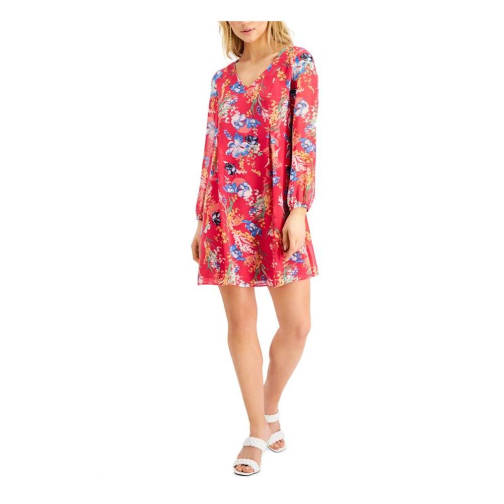 INC DRESS Womens Pink Zippered Long Sleeve V Neck Mini Party Shift Dress L